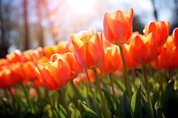 A field of fiery orange tulips in the rays of summer bright daylight