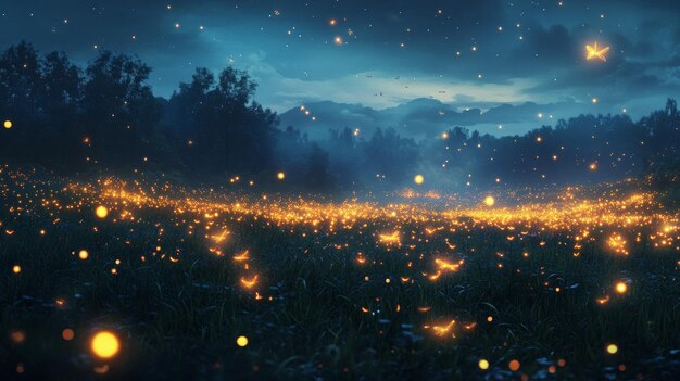 Photo a field of fireflies glowing in the night sky