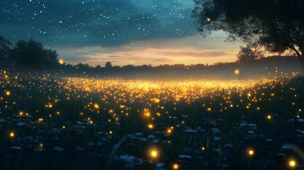 Photo a field of fireflies glowing under a starry night sky