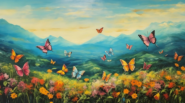 field flowers butterflies flying mountain forest science clearing stands easel prison background