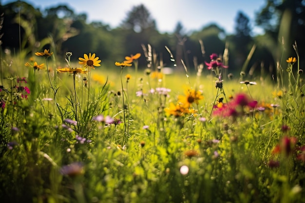 A field of flowers in a field with a blue sky in the background