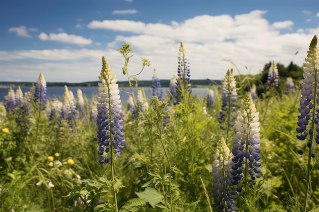 A field of flowers in front of a lake