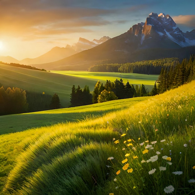 A field of flowers in front of a mountain with the sun setting behind it.