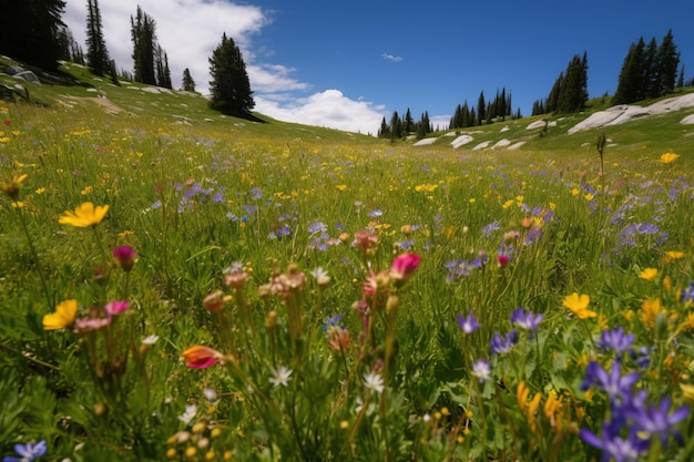 A field of flowers in the mountains