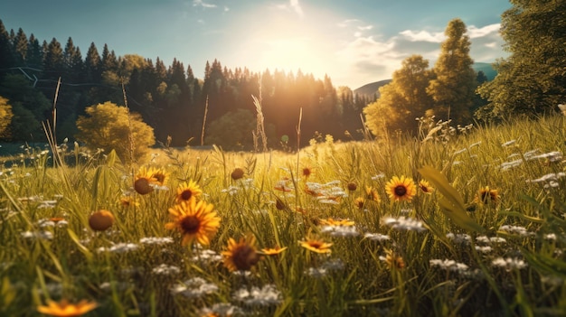 A field of flowers in the sun