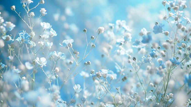 a field of flowers that has a blue sky behind them