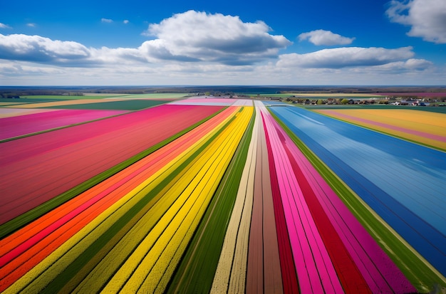 field of flowers tulips Landscape from the air in the Netherlands Rows on the field drone view