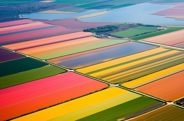 field of flowers tulips Landscape from the air in the Netherlands Rows on the field drone view