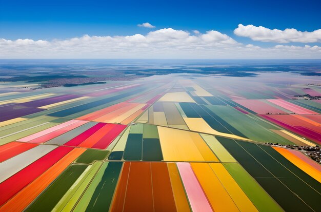 field of flowers tulips Landscape from the air in the Netherlands Rows on the field drone view