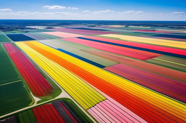 field of flowers tulips Landscape from the air in the Netherlands Rows on the field drone view