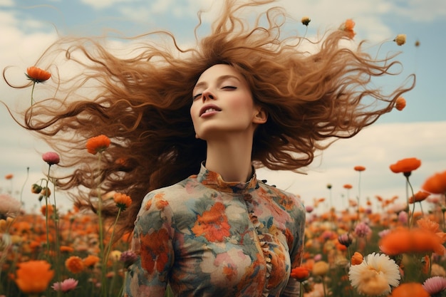 Field of flowers where a woman flips her hair and expresses her natural beauty