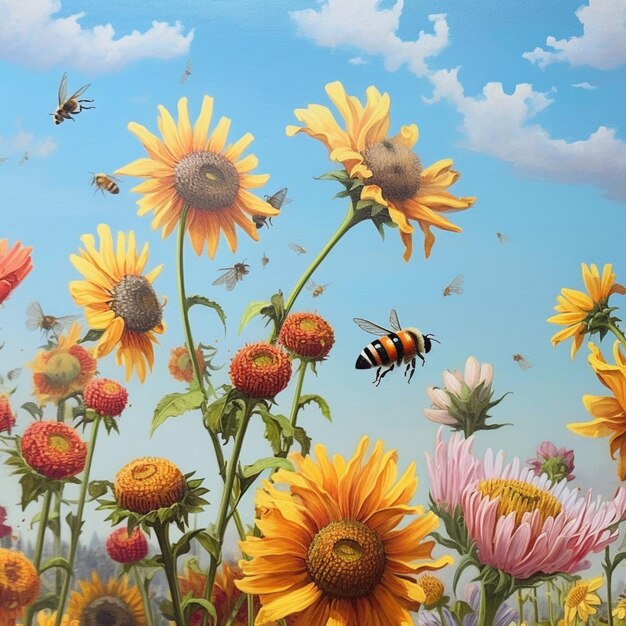 A field of flowers with a bee flying in the sky