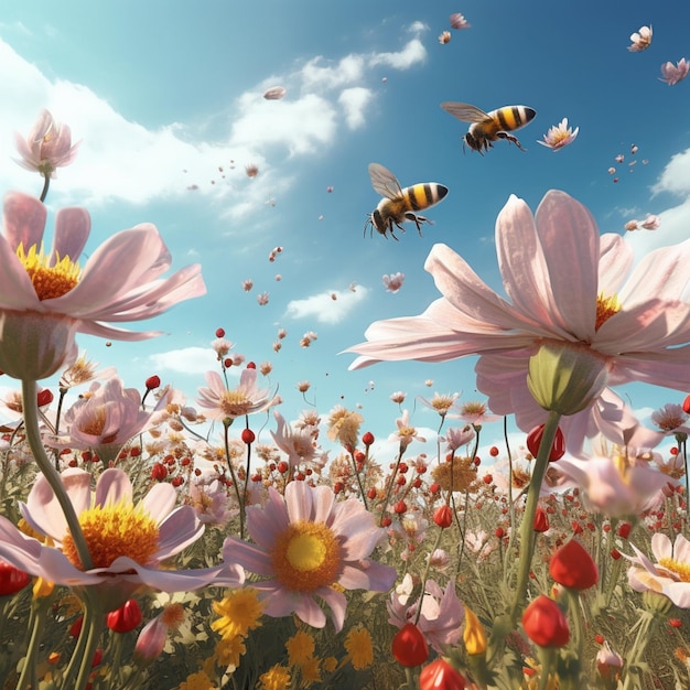 A field of flowers with a bee flying in the sky