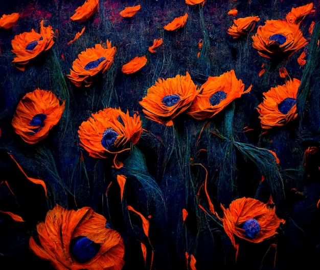 A field of flowers with a blue dot on the center.