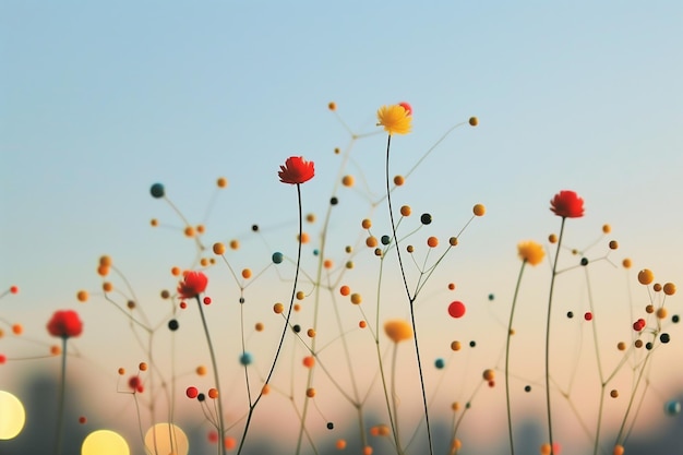 A field of flowers with a blue sky in the background