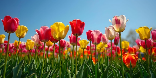 A field of flowers with a blue sky in the background