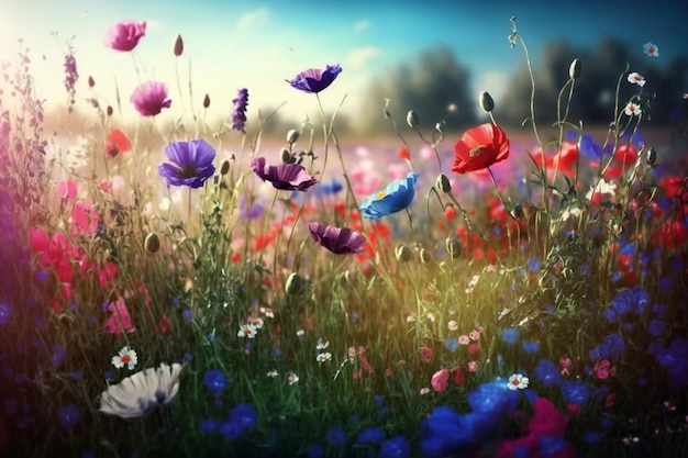 A field of flowers with a blue sky in the background