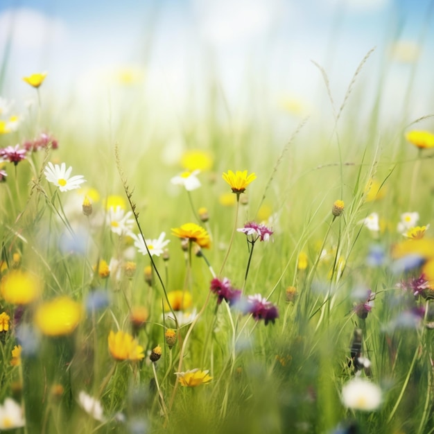 A field of flowers with a blue sky in the background.