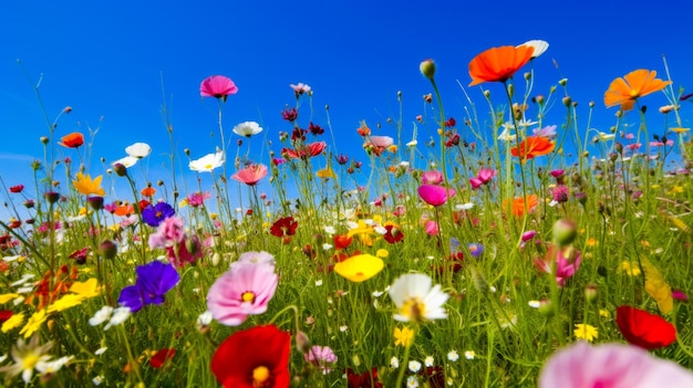 A field of flowers with a blue sky in the background