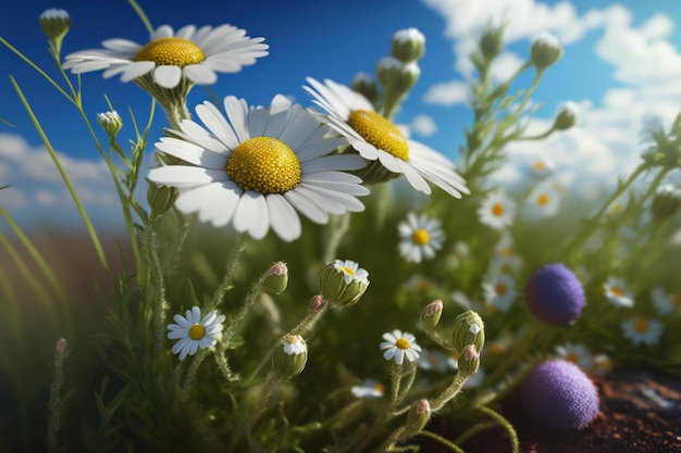 A field of flowers with a blue sky in the background