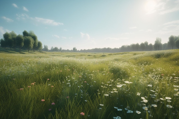 A field of flowers with a blue sky in the background