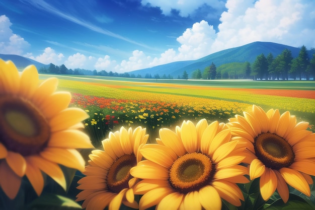 A field of flowers with a blue sky and clouds in the background