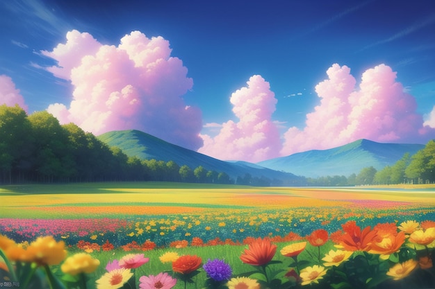 A field of flowers with a blue sky and clouds in the background