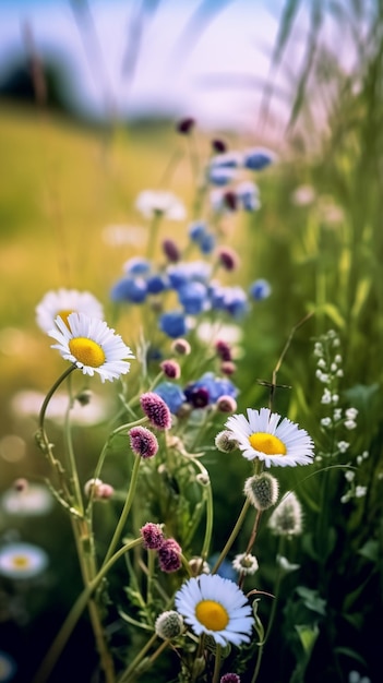 A field of flowers with a blue and white background