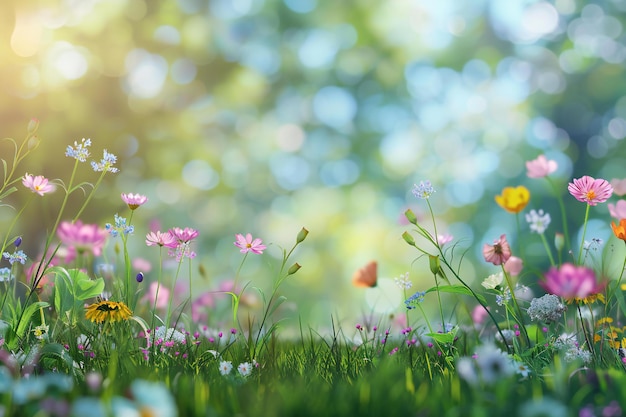 Photo a field of flowers with butterflies in the background