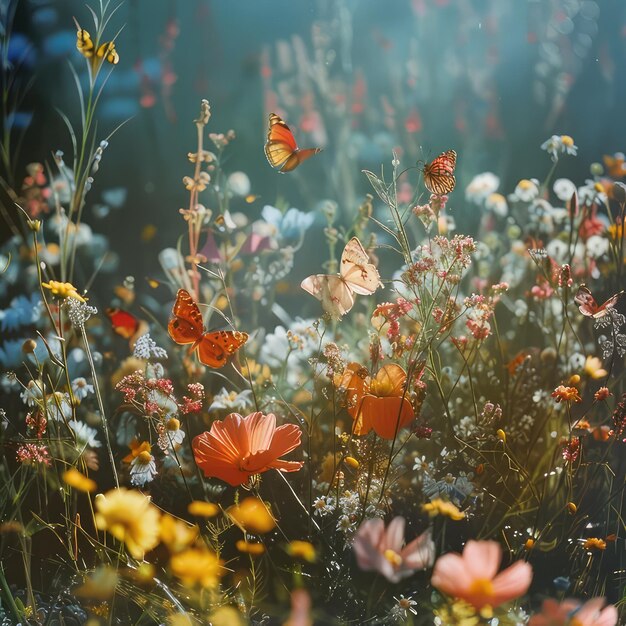 a field of flowers with butterflies on them and the sun is shining