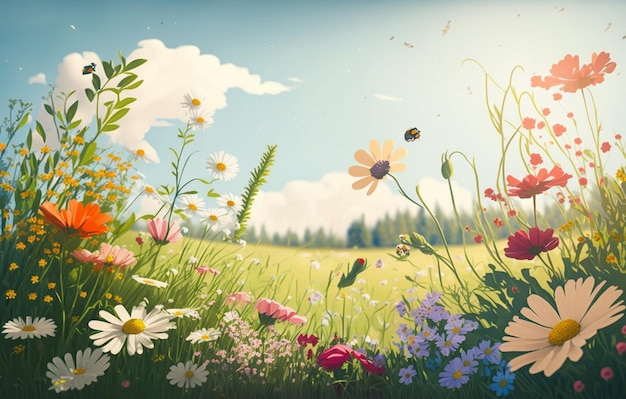 A field of flowers with a butterfly on the bottom