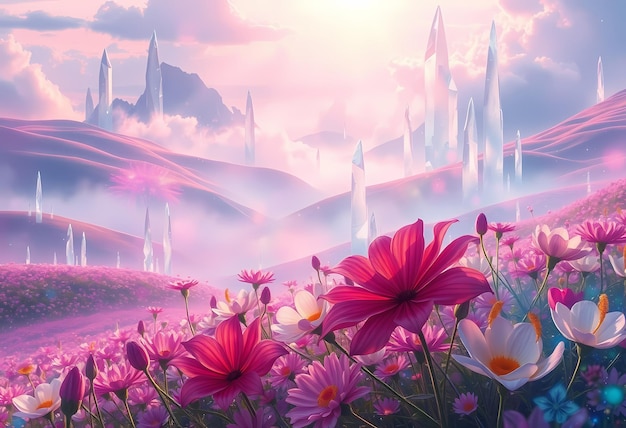 a field of flowers with a castle in the background