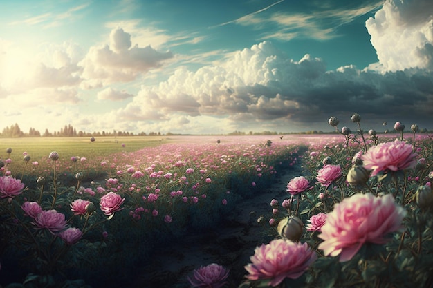 A field of flowers with a cloudy sky in the background