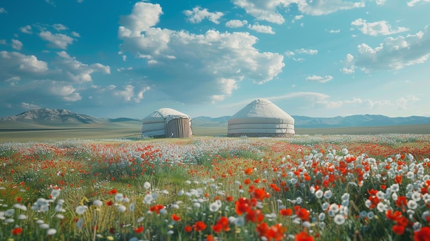 a field of flowers with a dome shaped structure in the middle