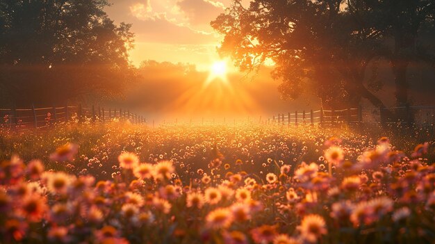 a field of flowers with a fence and sun behind it