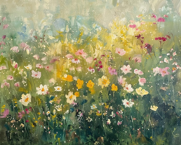 a field of flowers with a field of daisies