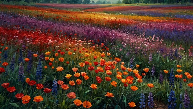 a field of flowers with a field of flowers in the middle