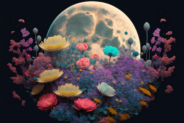 Field of flowers with a full moon in the background generative ai