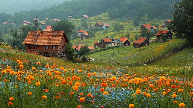 Photo a field of flowers with a house in the background