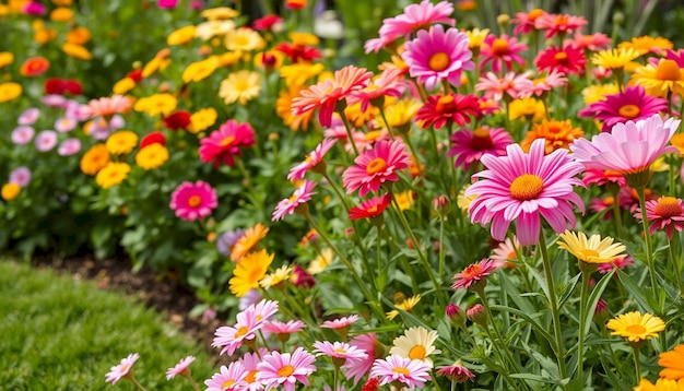 a field of flowers with many different colors of yellow pink and purple