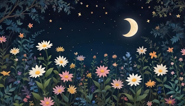 Photo a field of flowers with the moon in the background