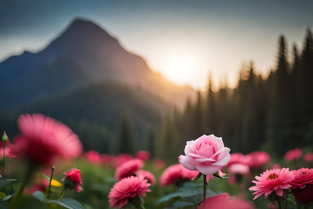 A field of flowers with a mountain in the background