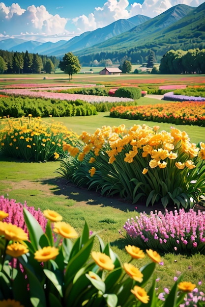 A field of flowers with a mountain in the background