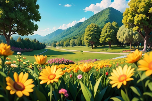 A field of flowers with a mountain in the background