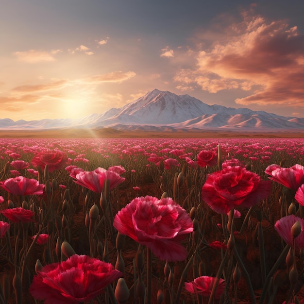 A field of flowers with a mountain in the background