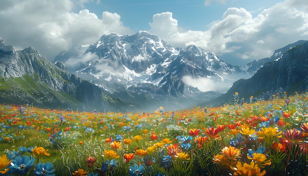 a field of flowers with a mountain in the background