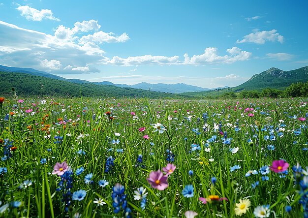 a field of flowers with mountains in the background