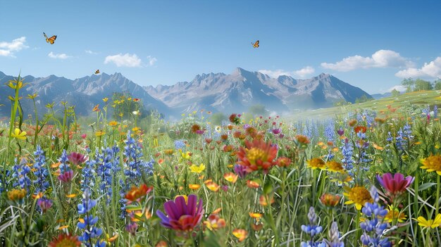 a field of flowers with mountains in the background