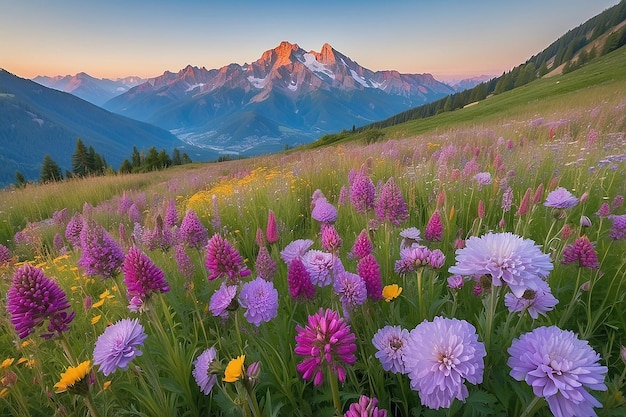 Photo a field of flowers with mountains in the background