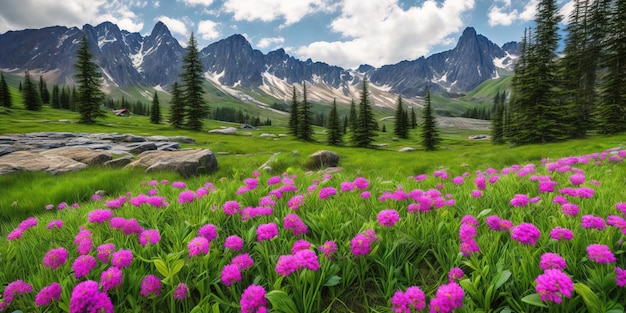 A field of flowers with mountains in the background